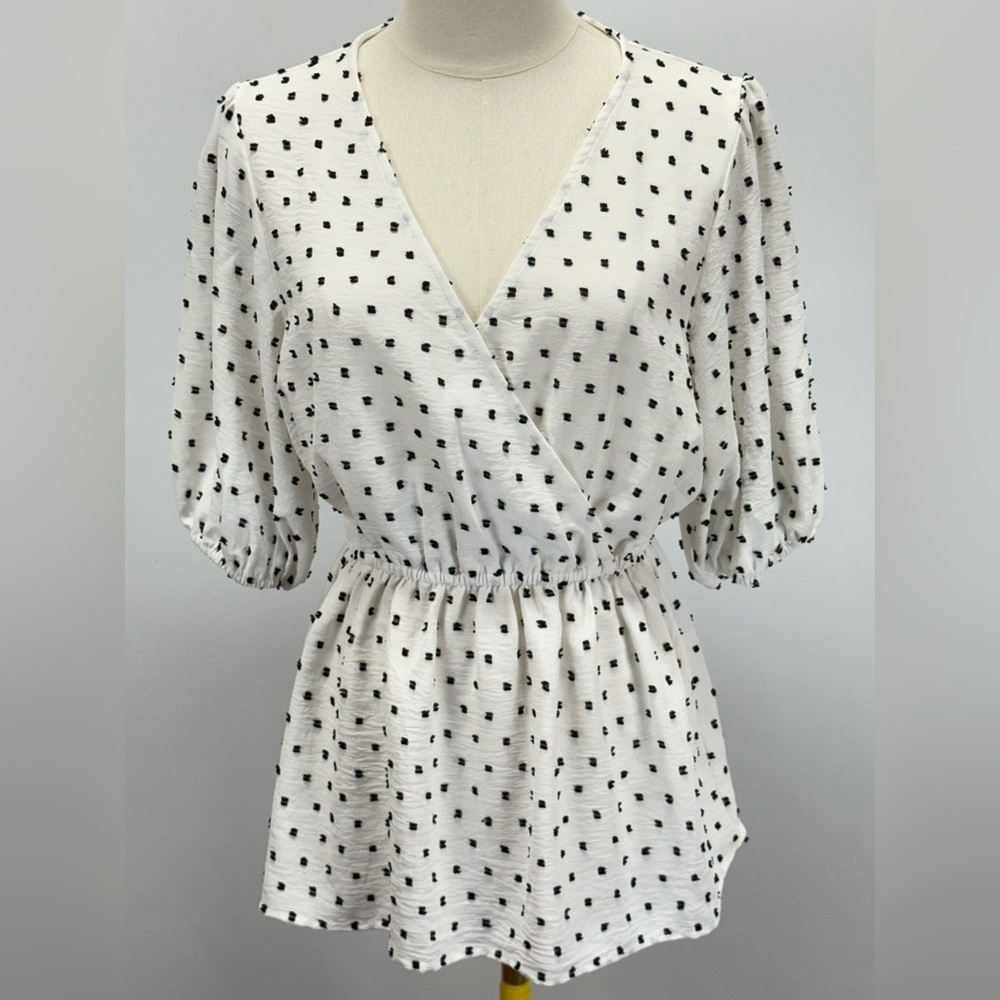 STACCATO White and Black Polka Dot puff sleeve peplum blouse size M - Picture 3 of 15